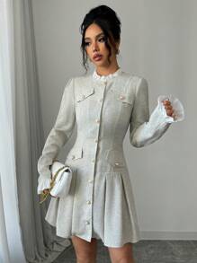 Elenzga Vestido elegante de manga larga con cuello alto, abotonado delantero y pliegues - Multicolor - Ver 5