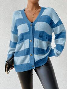 Chiquease Áo len cardigan dệt kim kẻ sọc giả lông chồn cashmere mới cho nữ, mùa thu/đông - Màu xanh lam - Xem 4