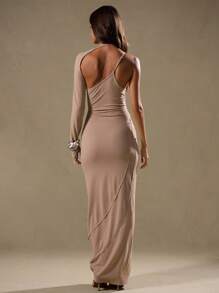 MUSERA Cut Out Asymmetrical Neck Maxi Dress Elegant Spring Summer Vacation Prom Fall Long Dress Graduation Prom - Khaki - View 3