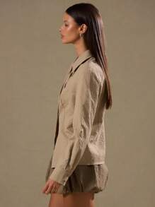 MUSERA Textured Long Sleeve Open Hem Button Up Shirt Vacation Spring Summer Casual - Khaki - View 2