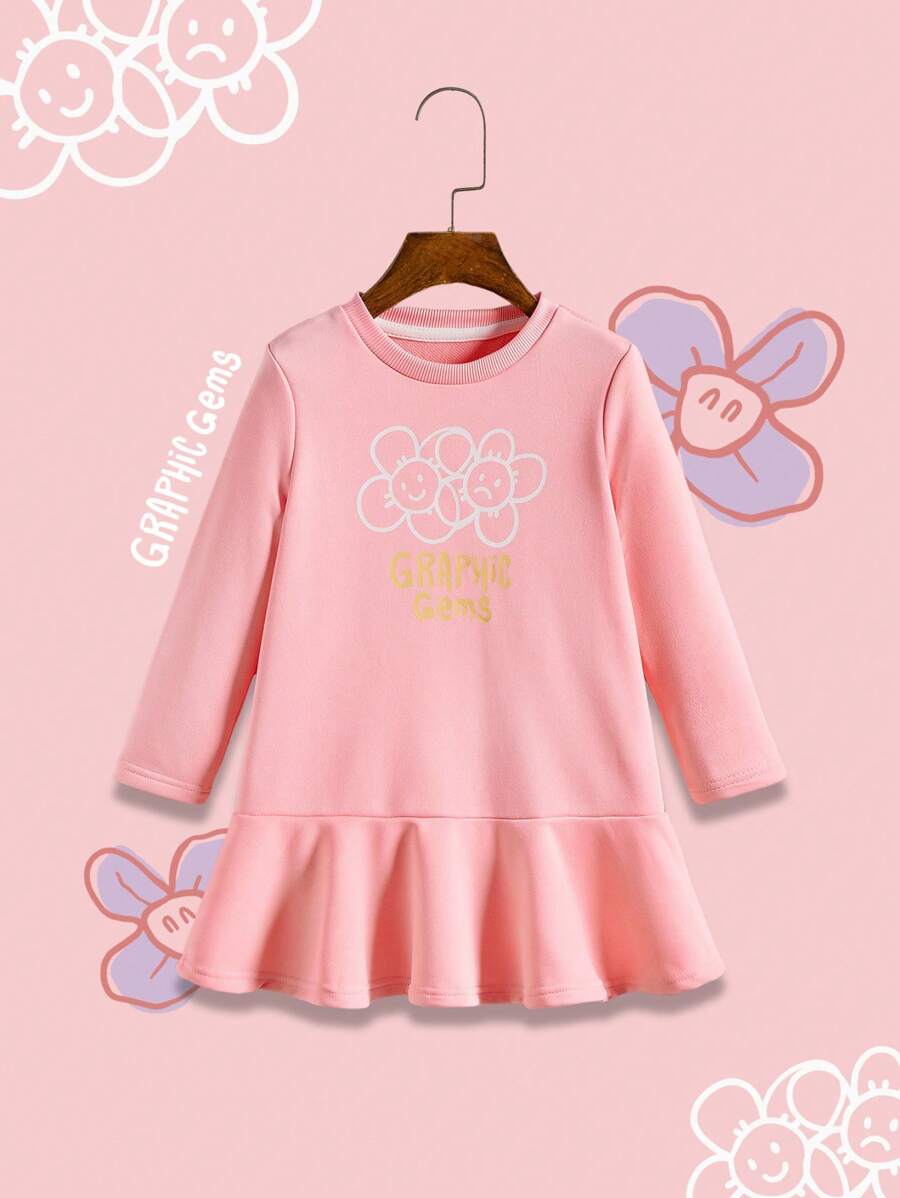 Young Girl Casual Floral Print Ruffle Hem Dress, Autumn - Pink - View 1