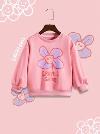 Sweatshirt ample à manches tombantes avec imprimé floral et lettres pour jeune fille, printemps