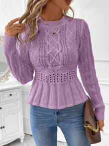 SHEIN Clasi Women Crewneck Twist Rope Hem Fitted Pullover Sweater, Elegant Long Sleeve Top, Suitable For Work, Teaching