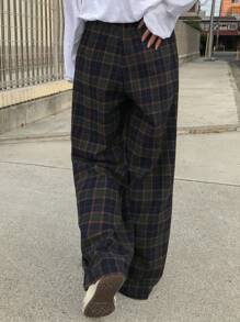 FRIFUL Women Plaid Drawstring Waist Wide Leg Pants, Casual, Autumn/Winter - Dark Green - View 5