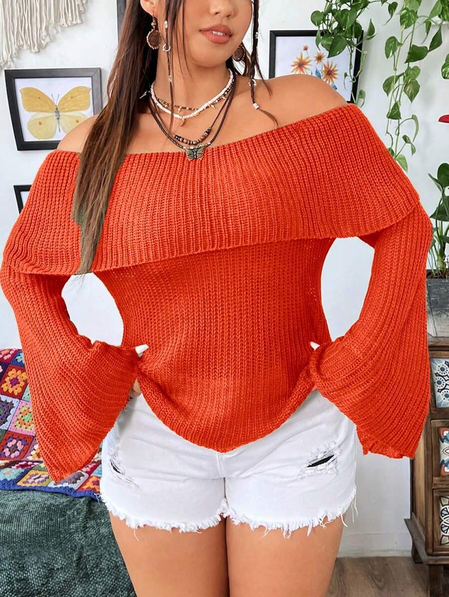 SHEIN Unity Plus Size Women Solid Color Off Shoulder Flare Sleeve Loose Pullover Sweater, Autumn/Winter Knit Pullover Fall - Burnt Orange - View 1