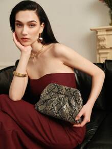 MOTF PREMIUM WOMEN'S FASHION SNAKE SKIN PATTERN PU LEATHER CLUTCH, COMMUTE - Grey - View 1