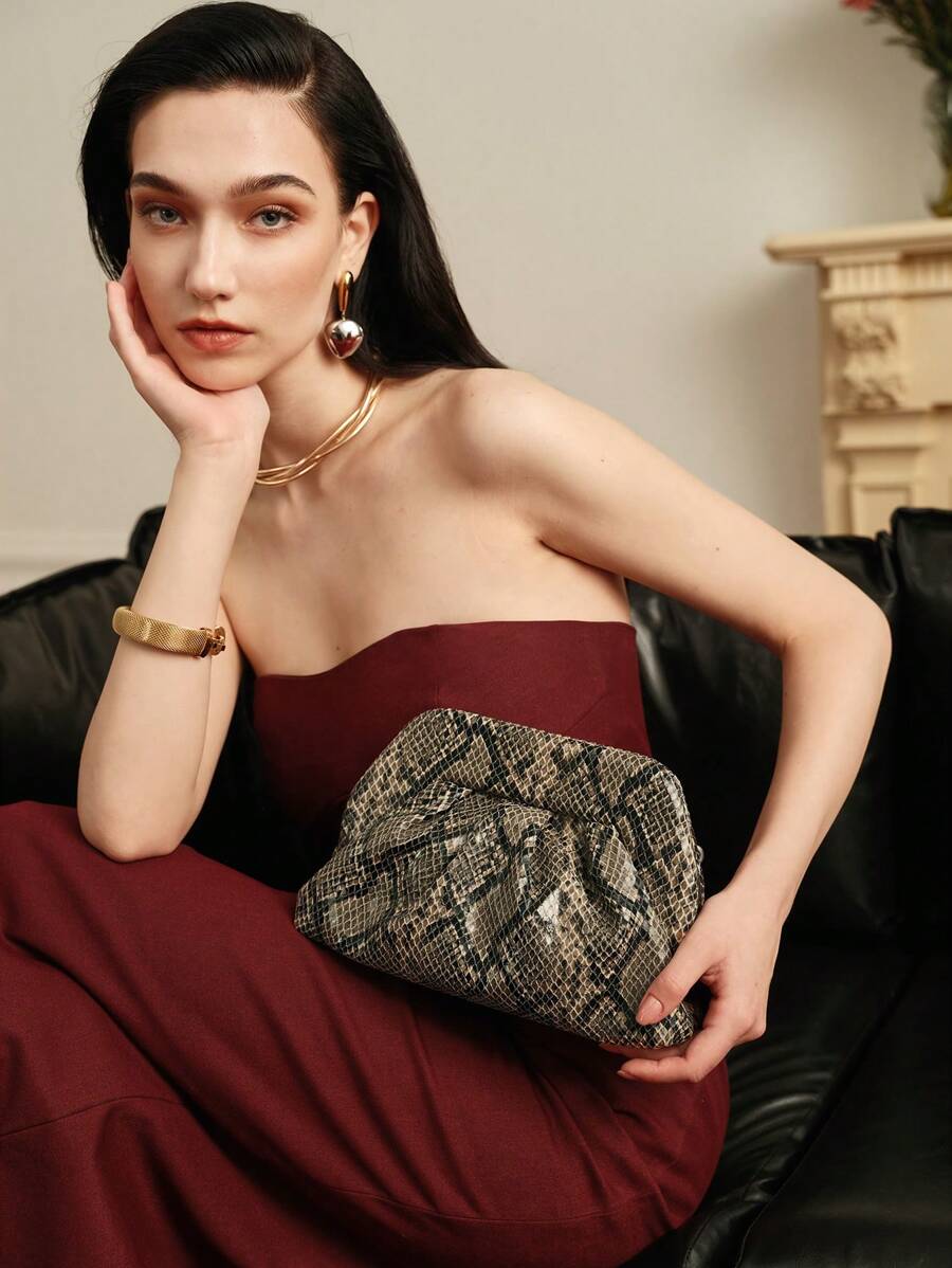 MOTF PREMIUM WOMEN'S FASHION SNAKE SKIN PATTERN PU LEATHER CLUTCH, COMMUTE - Grey - View 1