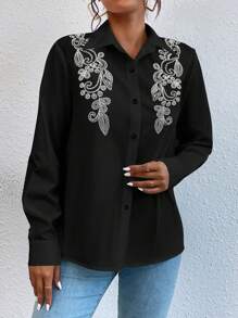 EMERY ROSE Women Front Button Long Sleeve Minimalist Embroidered Casual Blouse Women Shirt Fall Cloth For Women - Black - View 3