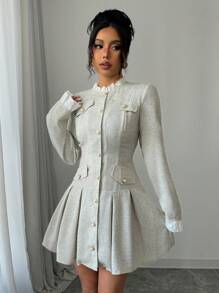 Elenzga Vestido elegante de manga larga con cuello alto, abotonado delantero y pliegues - Multicolor - Ver 4