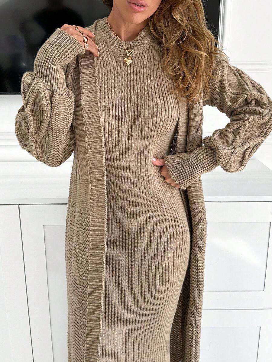 RueChic 女士纯色圆领长袖长裙和外套套装，休闲日常穿着