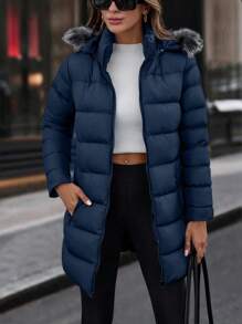 RueChic Faux Fur Hoodie Zip Up Pocket Detailed Warm Feel Long Winter Coat - Navy Blue - View 5