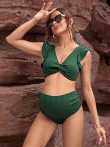 SHEIN Pregnant Women Solid Color V-Neck Twist Design Split Bikini Set, Summer Beach - Green - View 6