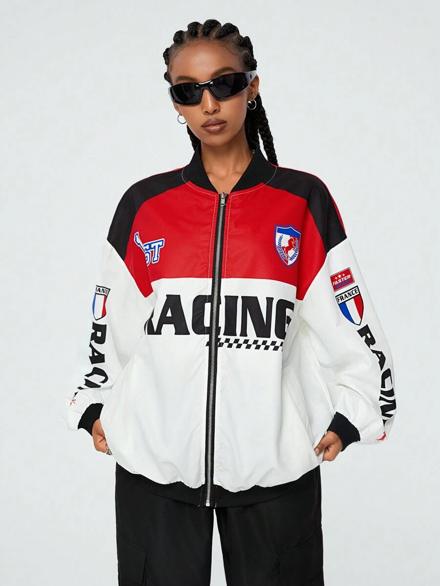 Coolane Veste bomber tendance pour femmes avec graphique lettrage et bord rayé à épaules tombantes