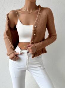 Chiquease 1pc Women Cardigan Sweater, Solid Color, Faux Pearl Button, Slim Fit, Suitable For Spring And Autumn
