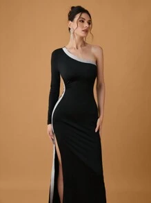 SHEIN Belle 1pc Black Cold-Shoulder Formal Dress, Slim Fit Sleeveless Evening Gown, Prom Dress, For Wedding Guest, Graduation, Dinner - Black - View 7