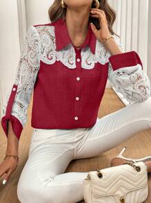 SHEIN Clasi 女士牛仔效果撞色蕾丝边长袖衬衫（随机印花）新年服装女士衬衫 - 紅色 - 查看 4