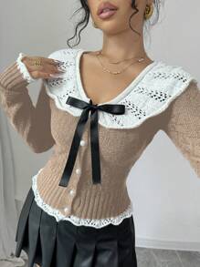 Chiquease 新款珍珠纽扣、蝴蝶结、荷叶边开衫、优雅修身、长袖、秋冬保暖 - 卡其色 - 查看 4