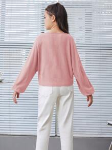 SHEIN Leap Crew Tween Girls Loose Retro Short Crew Neck Ribbed Long Sleeve T-Shirt - Dusty Pink - View 5