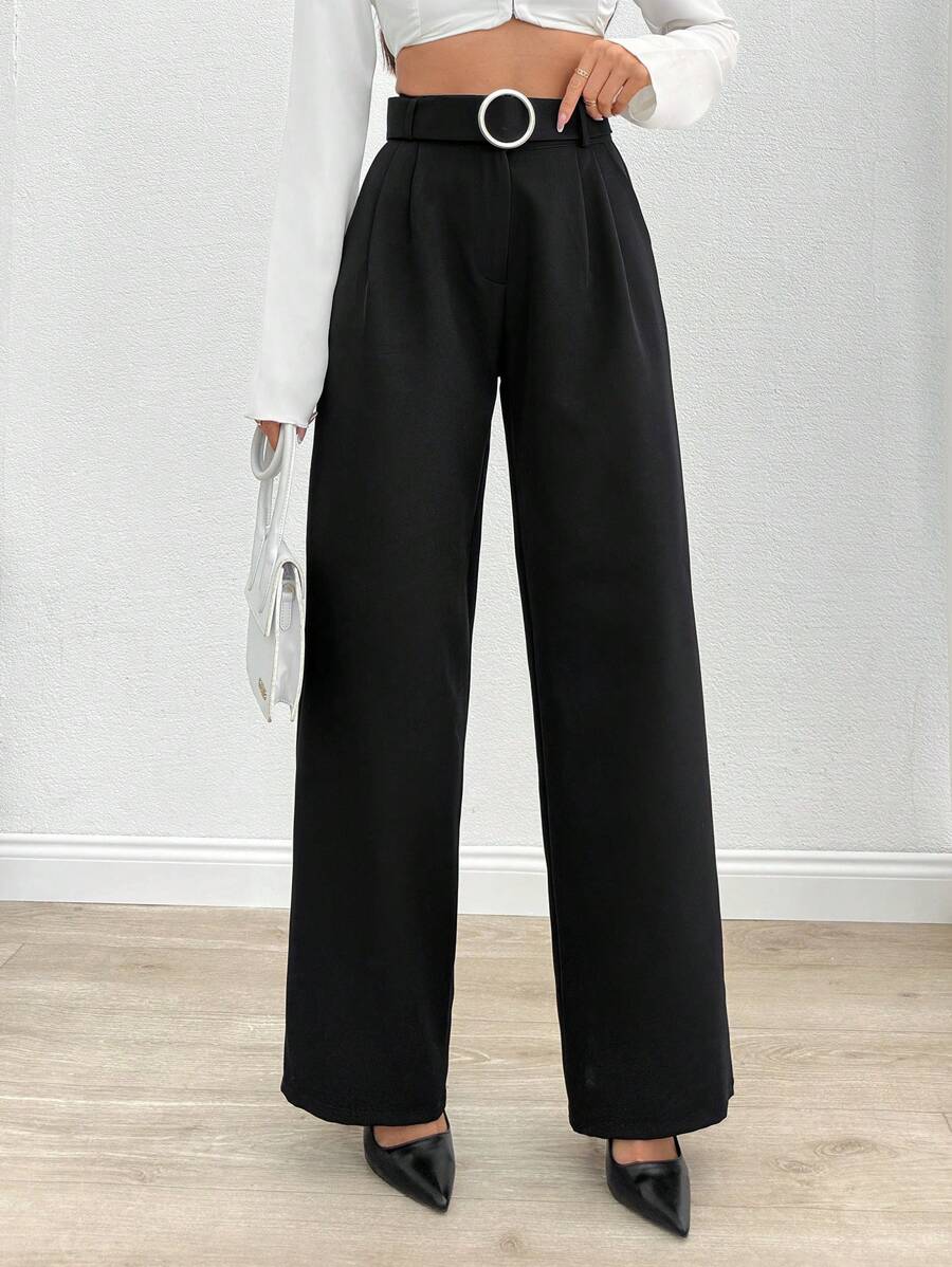 RueChic Women Solid Color High Waist Straight Pants With Belt Detail - Black - View 1