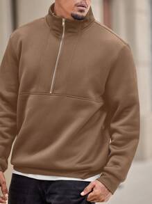 Manfinity Homme Plus Size Men's Solid Color Front Zip Up Relaxed Fit Sweatshirt, Casual - Khaki - View 4