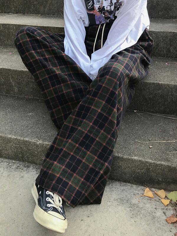 FRIFUL Women Plaid Drawstring Waist Wide Leg Pants, Casual, Autumn/Winter