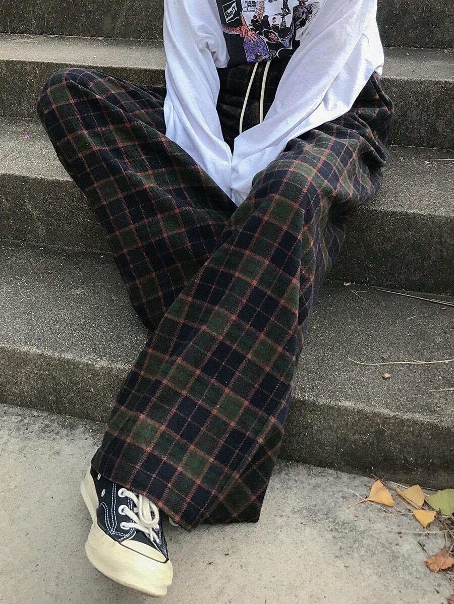 FRIFUL Women Plaid Drawstring Waist Wide Leg Pants, Casual, Autumn/Winter - Dark Green - View 1