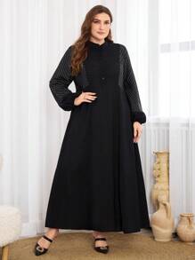 Al Najma 大码女式纯色简约阿拉伯风格连衣裙，休闲朴素长袖阿巴雅阿拉伯连衣裙，适合日常休闲 - 黑色 - 查看 6