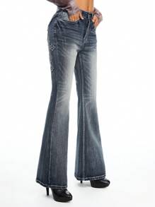 ROMWE Grunge Punk Pantalones vaqueros de tiro bajo, acampanados, con bordado de cruz en la espalda, con efecto desgastado, en estilo retro Y2K - Azul - Ver 4