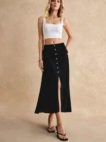 SHEIN Frenchy Split Thigh Button Front Skirt Winter Elegant Black Black - Black - View 6