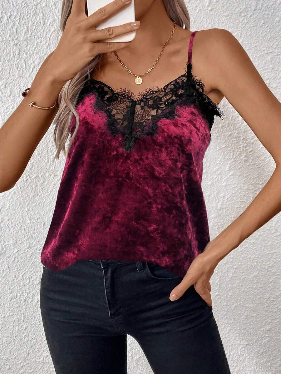 SHEIN Clasi Women Casual Lace Splicing Spaghetti Strap Camisole Top, Minimalist Design For Daily Wear