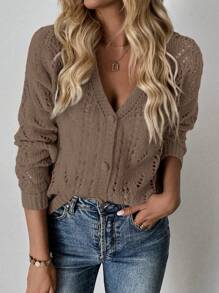 Calvaya Women's Solid Color Hollow V-Neck Knit Casual Cardigan Coffee Brown Topbutton Up Sweaterbrown Cardiganbrown Sweatercrop Cardigan