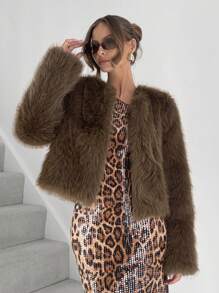 SHEIN Essnce Cappotto morbido marrone, maglione in pelliccia sintetica da donna a maniche lunghe, cardigan casual da donna a tinta unita a maniche lunghe, giacca morbida invernale - Caffè Marrone - Visualizzare 1