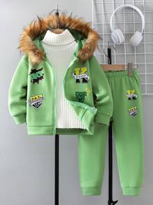 2 件套年轻男孩连帽毛绒羊毛拉链夹克和运动裤运动套装，适合度假和户外休闲装，秋冬季 - 綠色 - 查看 1