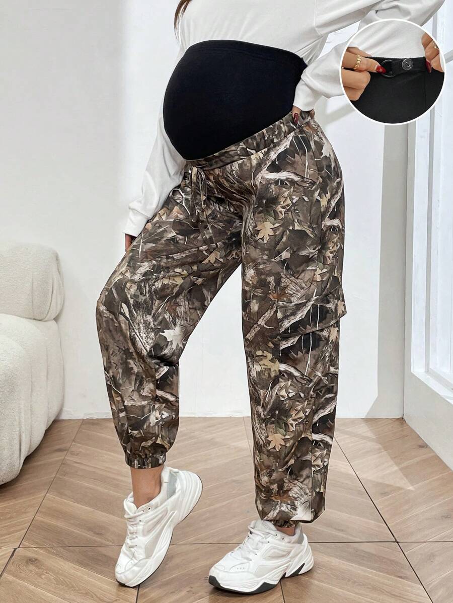 SHEIN 孕妇翻盖口袋植物印花工装裤 - 軍綠色 - 查看 1
