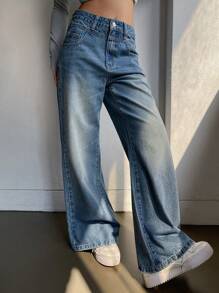 DAZY 女式腰部设计喇叭牛仔裤 - 中等水洗藍 - 查看 2