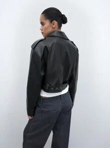 Maija Women's Elegant Modern Urban Casual Vintage Outdoor Black PU Thickened Jacket Coat, New Winter Design - Black - View 5