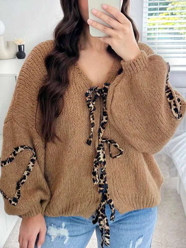 INAWLY New Women Cardigan, Featuring Leopard Print Butterfly Tie And Leopard Print Heart Sleeve Design