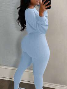 Slaydiva Plus Size Casual Solid Blue Short-Length Boat Neck Loose-Waist Top With Long Sleeves And High-Waisted Slim Fit Pants Two-Piece Set, Fall/Winter - Blue - View 2