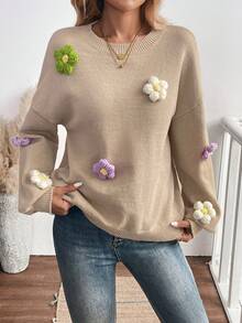SHEIN LUNE Áo len cổ tròn trang trí hoa 3D thủ công - Màu be - Xem 5