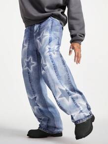 Manfinity NXTstreet Pantaloni larghi da uomo con stampa digitale a pentagono, pantaloni alla moda e ampi con grafica, adatti come regalo per marito o fidanzato - celeste - Visualizzare 3