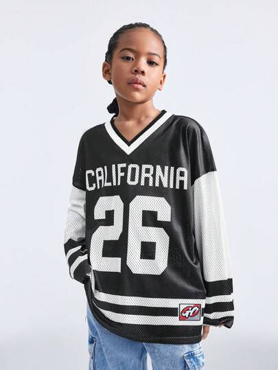 SHEIN Tween Girls Spring/Summer Y2K Music Festival Sport Number Printed Baggy Jersey T-Shirt