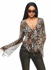ROMWE Grunge Punk Blusa trasparente elegante con stampa leopardata, arricciatura sul bordo, vita regolabile con laccio, in stile Y2K