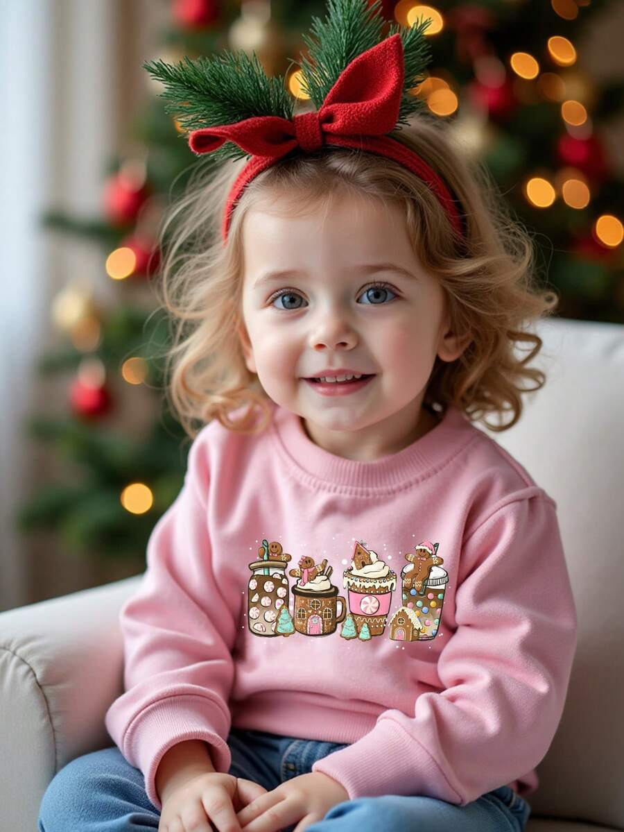 女婴圣诞休闲时尚“Babygirl”饼干、姜饼人、雪人、圣诞树、咖啡杯图案基本款圆领运动衫，适合圣诞派对、圣诞装 - 淺粉色 - 查看 1