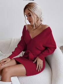 EMERY ROSE Damska sukienka sweterkowa w jednolitym kolorze z dekoltem w serek i rękawami typu nietoperz, elegancka, jesień/zima