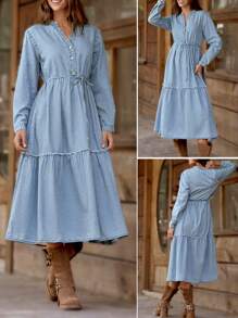 LanaWest 女式休闲破洞领牛仔连衣裙，秋季 - 淺色水洗藍 - 查看 4