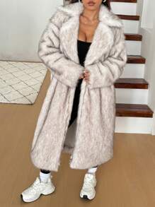 SHEIN EZwear Manteau élégant long et duveteux pour femme avec col montant, manches longues et poches