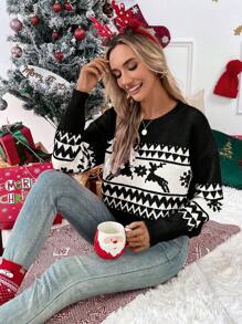 Chiquease 圣诞撞色小鹿与几何图案针织毛衣 秋冬 - 黑與白 - 查看 5