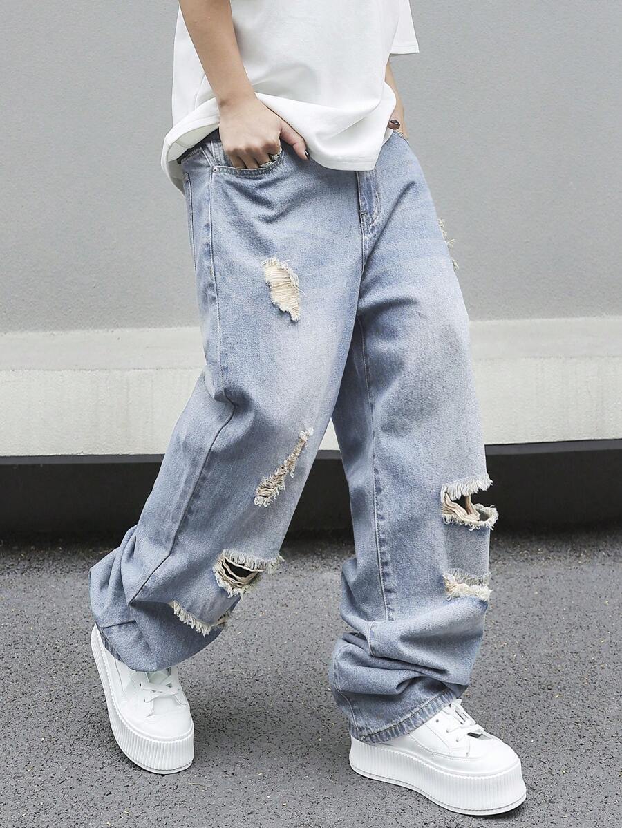 Manfinity EMRG Plus Size Men Distressed Pocket Loose Wide-Leg Casual Jeans - Light Wash - View 1