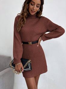 SHEIN Frenchy Solid Color Turtleneck Ribbed Knit Casual All-Match Long Sleeve Sweater Dress - Redwood - View 3