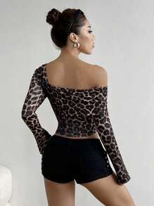 Flirla Casual Leopard Print Knit Shoulder & Waist Ruched Foldover Collar Long Sleeve T-Shirt Top Graphic Cheetah Print Tees Women Tops For Spring Outfit